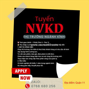 Tuyển dụng: nvkd thị trường ngành kính (có kinh nghiệm)