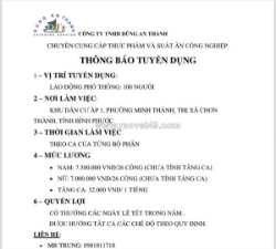 Tuyển lđpt, bếp chính, bếp phụ, qc & các vị trí khác làm ở bình phước