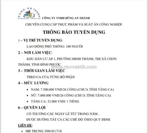 Tuyển lđpt, bếp chính, bếp phụ, qc & các vị trí khác làm ở bình phước