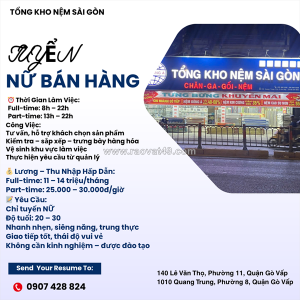 Tuyển nữ nhân viên bán hàng (20–30 tuổi) – shop chăn ga gối nệm