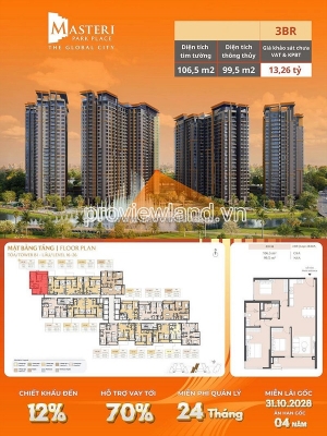 Căn 3pn masteri park place the global city – chiết khấu đến 12% – free 24 tháng phí ql