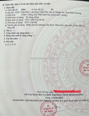 Cần bán nhanh  lô đất tại  kdc vĩnh phú 2, pvĩnh phú, thị xã thuận an, tỉnh