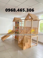 Cầu trượt liên hoàn gỗ trẻ em, thang leo cầu trượt gỗ mầm non