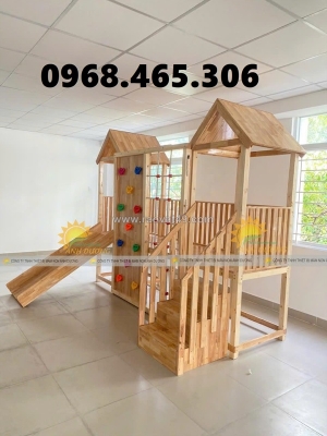 Cầu trượt liên hoàn gỗ trẻ em, thang leo cầu trượt gỗ mầm non