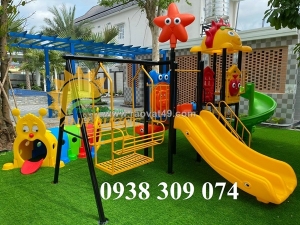 Cầu trượt lnhà khối iên hoàn, cầu trượt liên hoàn xích đu