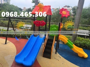 Cầu trượt trẻ em có mái che, bộ cầu trượt liên hoàn trẻ em, cầu trượt xích đu liên hoàn