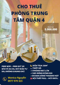 Chính chủ cho thuê phòng trung tâm quận 4 – sát q1 (5 phút)