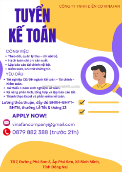 Công ty tnhh điện cơ vinafan tuyển dụng kế toán
