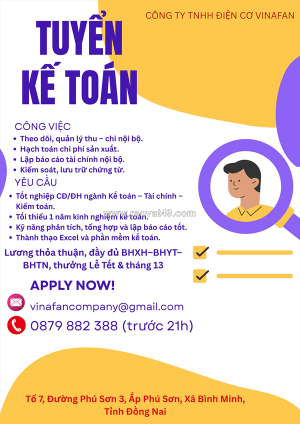 Công ty tnhh điện cơ vinafan tuyển dụng kế toán