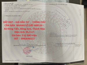 Đất đẹp – giá đầu tư  – chính chủ cần bán  nhanh lô đất mb520 – xã đông tiến,