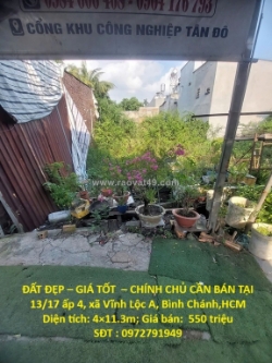 Đất đẹp – giá tốt  – chính chủ cần bán tại 13/17 ấp 4, xã vĩnh lộc a, bình