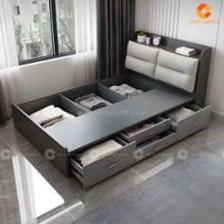 Giường gỗ công nghiệp có kệ đầu giường màu xám