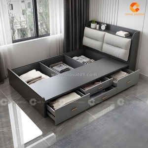 Giường gỗ công nghiệp có kệ đầu giường màu xám