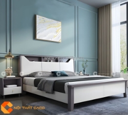 Giường ngủ gỗ tự nhiên có kệ đầu giường màu xám tinh tế