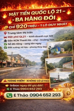 Mặt tiền ql21 chỉ 9xx triệu có duy nhất 1 lô sẵn sổ, tt ba hàng đồi,