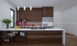Mẫu tủ bếp gỗ óc chó với gam nâu ấm áp sang trọng