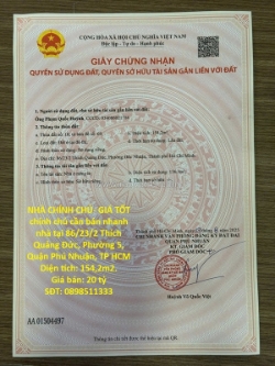 Nhà chính chủ- giá tốt chính chủ cần bán nhanh nhà tại phường 5, quận phú