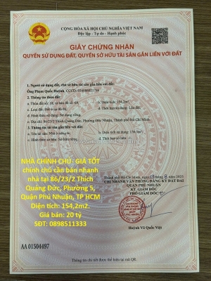 Nhà chính chủ- giá tốt chính chủ cần bán nhanh nhà tại phường 5, quận phú