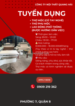 Trang nhà›việc làm›việc tìm người sau tuyển thợ mộc (có tay nghề), thợ phụ mộc và lđpt