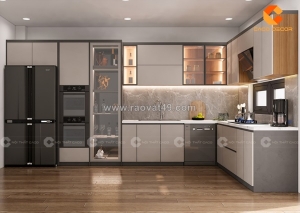 Tủ bếp gỗ công nghiệp chữ l kết hợp tủ trưng bày hiện đại