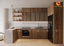Tủ bếp gỗ công nghiệp chữ l phong cách japandi