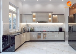 Tủ bếp gỗ công nghiệp chữ l phong cách tân cổ điển