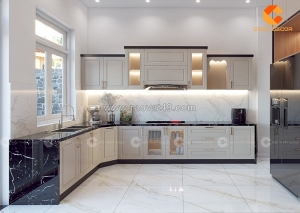 Tủ bếp gỗ công nghiệp chữ l phong cách tân cổ điển