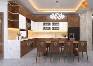 Tủ bếp gỗ công nghiệp chữ l vân gỗ nâu sang trọng