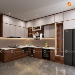 Tủ bếp gỗ công nghiệp mdf chữ l đẹp gia công theo yêu cầu