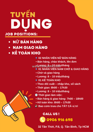 Tuyển dụng nhân viên làm việc lâu dài nữ bán hàng, nam giao hàng, kế toán kho