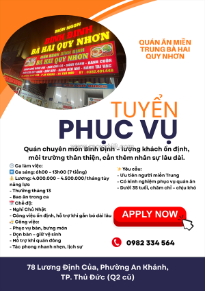 Tuyển gấp 2 nhân viên phục vụ – quán ăn miền trung bà hai quy nhơn