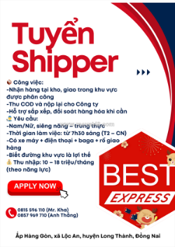 Tuyển nhân viên giao hàng xe máy – khu vực xã an phước / lộc an – long thành