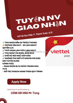 Viettel post tuyển nhân viên giao nhận làm toàn thời gian hoặc bán thời gian