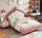 Giường ngủ trẻ em bọc da hồng trắng xinh xắn