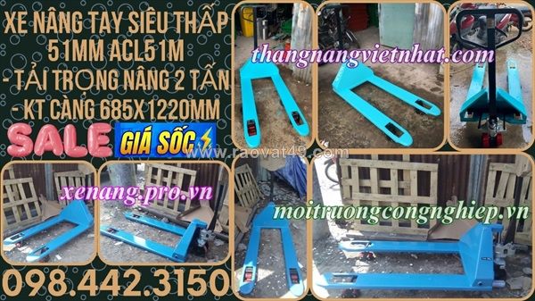 Xe nâng tay siêu thấp 51mm tải 2 tấn càng rộng 685x1220mm