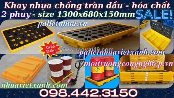 Pallet nhựa chống tràn dầu - hóa chất 2 phuy 1300x680x150mm