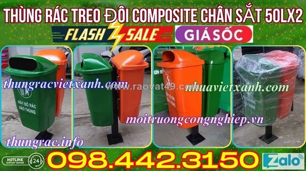 Thùng rác composite treo đôi chân sắt 50lx2