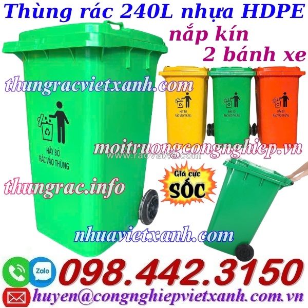 Thùng rác nhựa 240 lít nắp kín nhiều màu sắc giúp phân loại rác thải