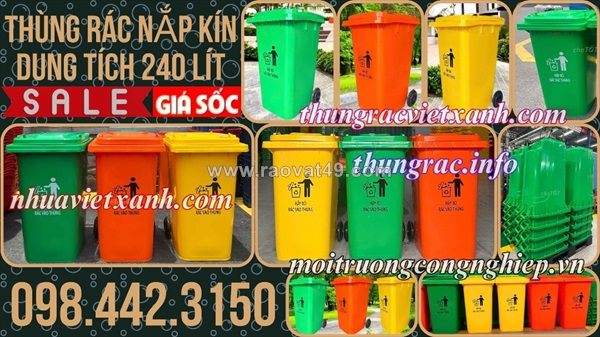 Thùng rác nhựa 240 lít nắp kín nhiều màu sắc giúp phân loại rác thải