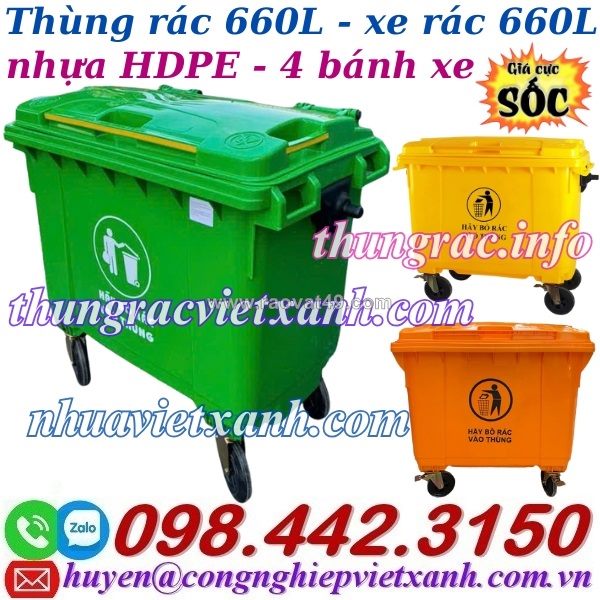 Xe rác 660 lít nhựa hdpe 4 bánh xe nắp kín