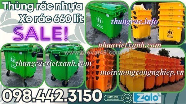 Xe rác 660 lít nhựa hdpe 4 bánh xe nắp kín