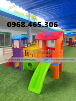 Bộ cầu trượt 2 mái nhà nhập khẩu, nhà khối cầu trượt trẻ em