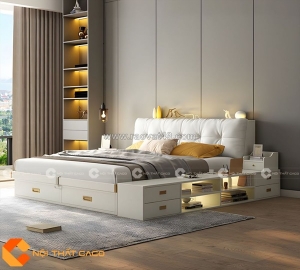 Giường ngủ gỗ công nghiệp màu trắng tích hợp kệ sách