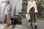 Hack dáng cùng chân váy xếp ly dài qua gối theo phong cách hàn quốc