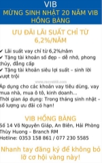 Mừng sinh nhật 20 năm vib hồng bàng  số 14 võ nguyên giáp, an biên, hải phòng
