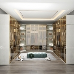 Tủ áo cánh kính chữ l khung nhôm tích hợp kệ trang trí cao cấp