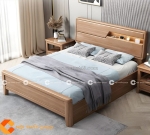 Giường ngủ gỗ sồi tự nhiên có kệ trang trí hiện đại