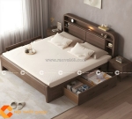 Giường ngủ gỗ sồi tự nhiên kết hợp hộc kéo, kệ trang trí