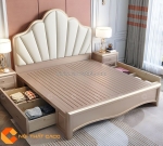 Giường ngủ gỗ tự nhiên bọc da tích hợp ngăn kéo thông minh