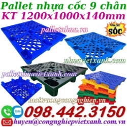 Pallet nhựa cốc 9 chân 1200x1000x140mm mặt lưới